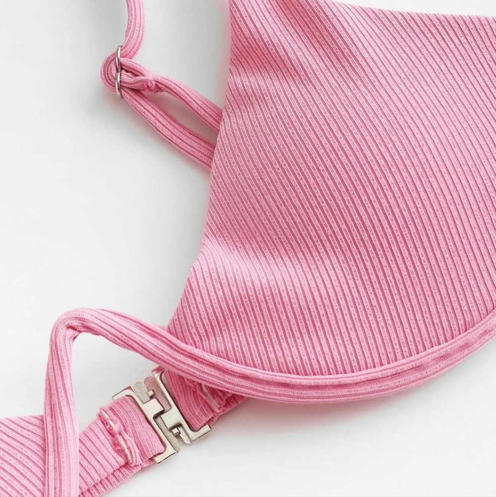 Pink Ribbed Bikini Three Piece Set - Picture 3 of 6